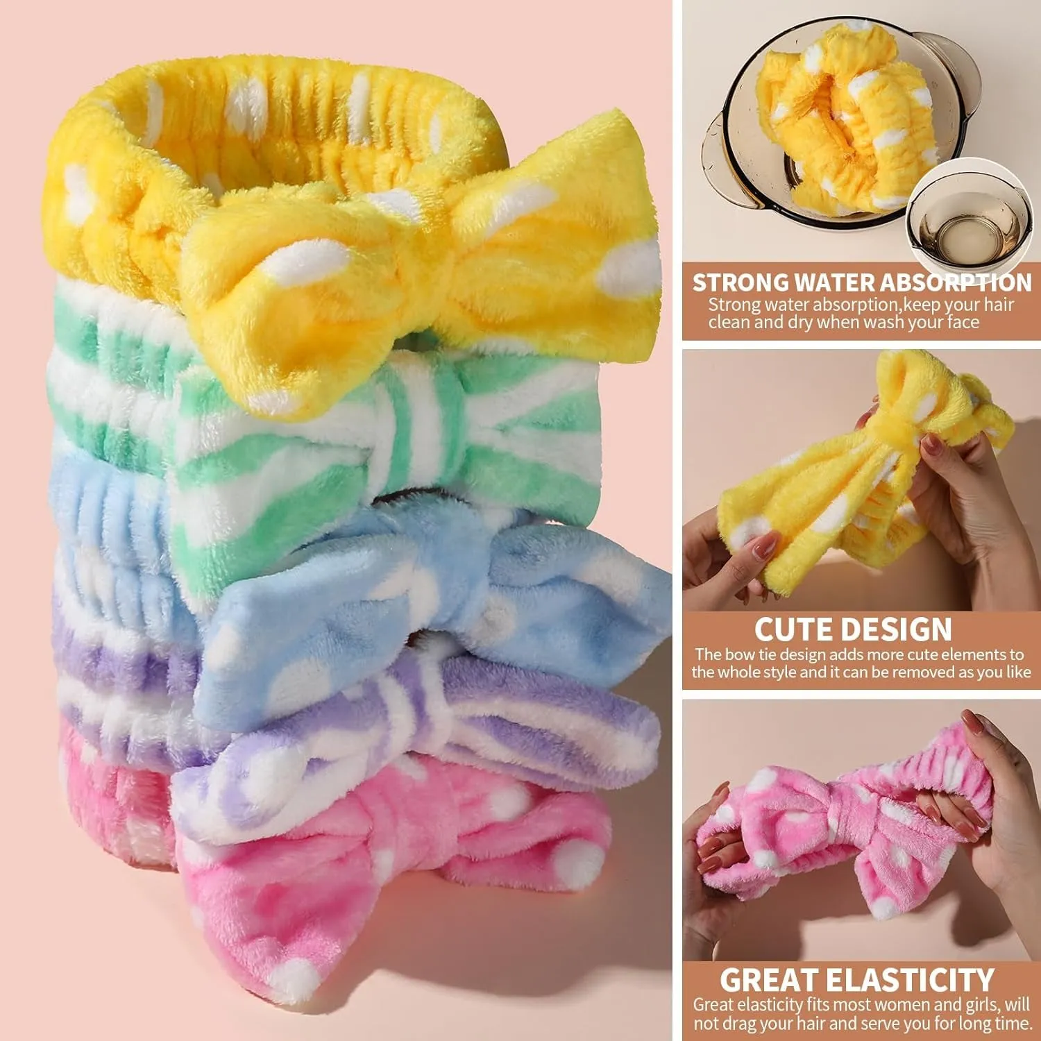Hairband, 5Pcs Makeup Headband with Removable Bow, Spa Headband for Washing Face, Makeup, Shower, Microfiber Headband for Girls Women Gift
