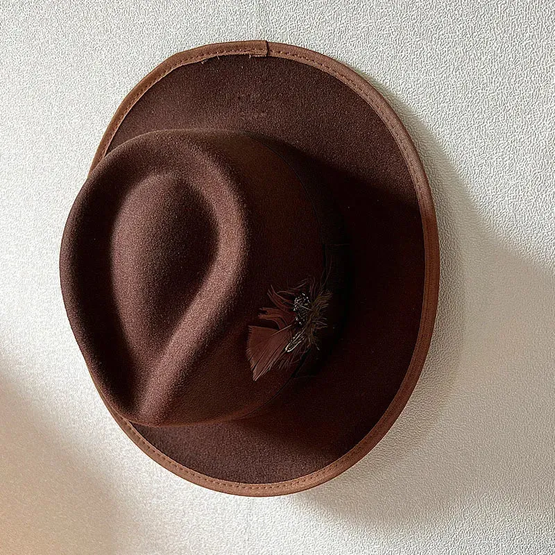 Handmade Feathers Felt Fedora Hat Vintage Men Panama Trilby Hats Curved Brim Gentleman Party Dress Cap