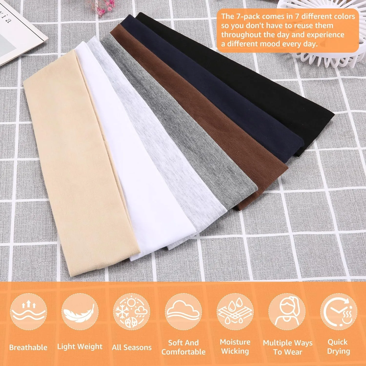 Headbands for Women Non Slip - 7PCS Fashion Sports Hair Bands for Women'S Hair, Soft Cotton Cloth Stretchy Headbands for Women for Workout Yoga Running