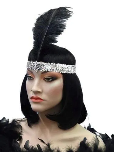 Heart Crystal Flapper 20's Headband & Black Feather