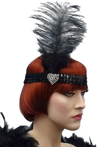 Heart Crystal Flapper 20's Headband & Black Feather