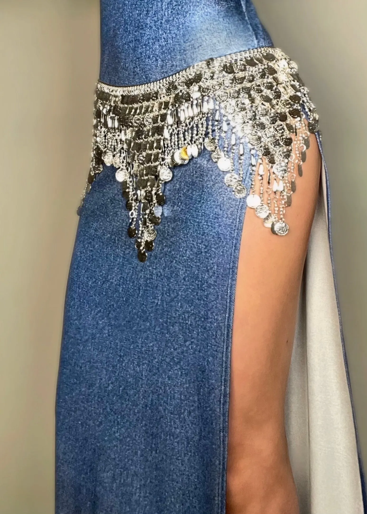 Hip-Slit Faux Denim Bodycon Maxi Dress | Coquette 90s Vintage