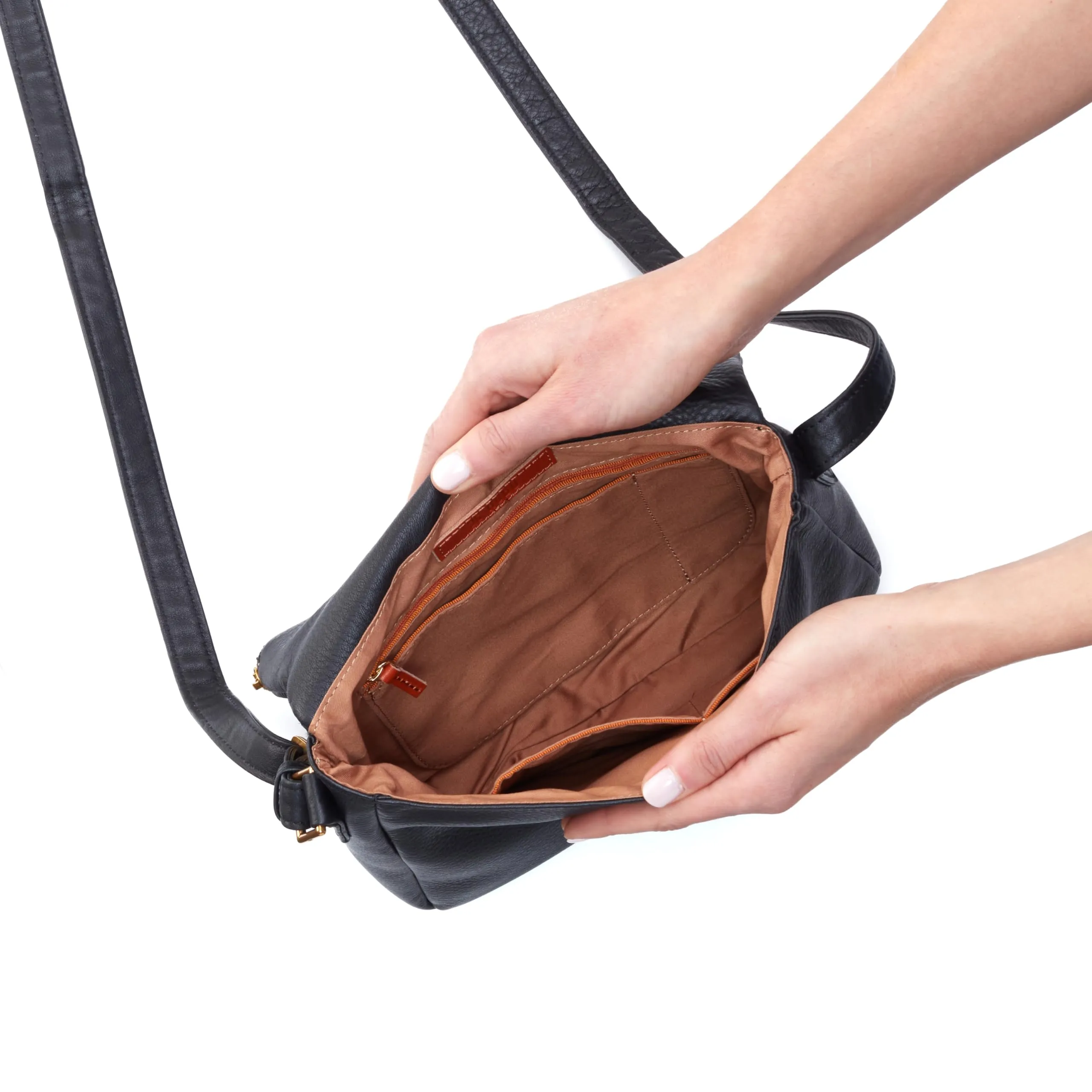 HOBO Fern Leather Messenger Crossbody Bag with Two Interior Compartments, an Adjustable Strap, Zip Security, and Unique Hidden Magnet Flap Closure, Black