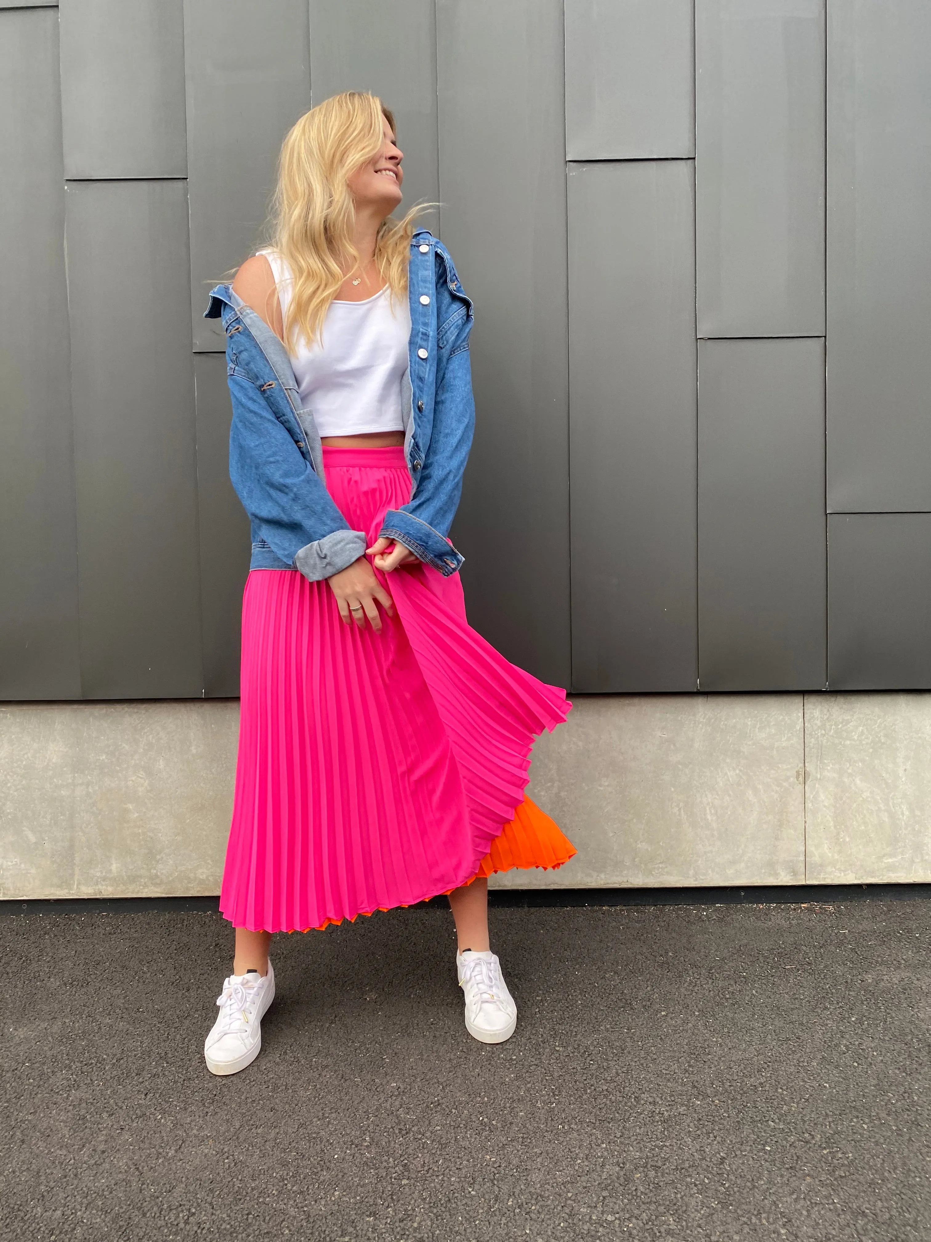 Hot Pink and Bright Orange Pleated Skirt