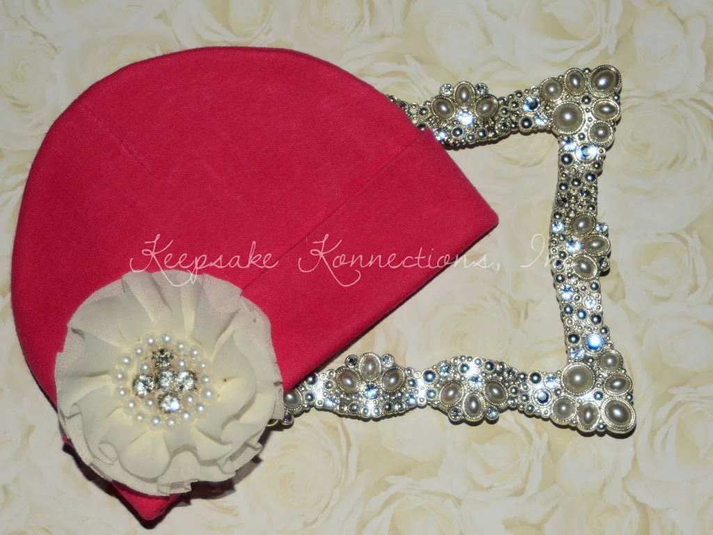 Hot Pink Beanie with Rhinestone Chiffon Flower