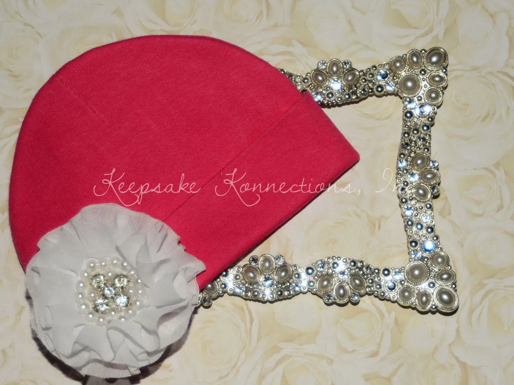 Hot Pink Beanie with Rhinestone Chiffon Flower