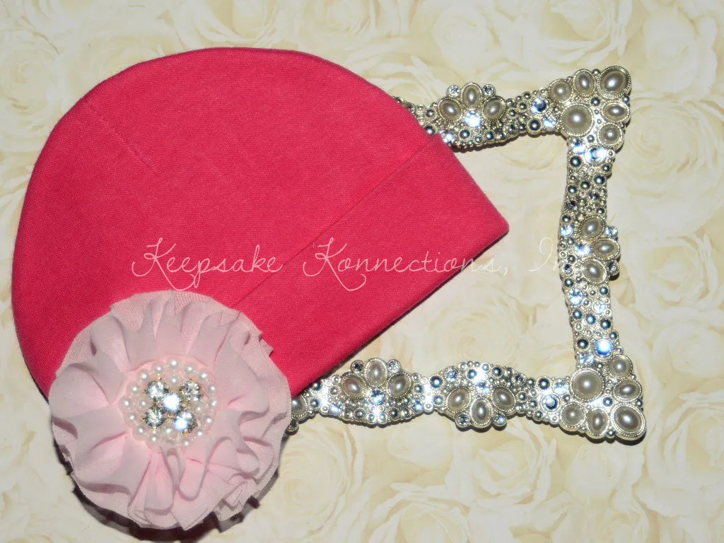 Hot Pink Beanie with Rhinestone Chiffon Flower