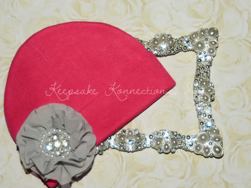 Hot Pink Beanie with Rhinestone Chiffon Flower