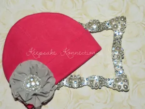 Hot Pink Beanie with Rhinestone Chiffon Flower