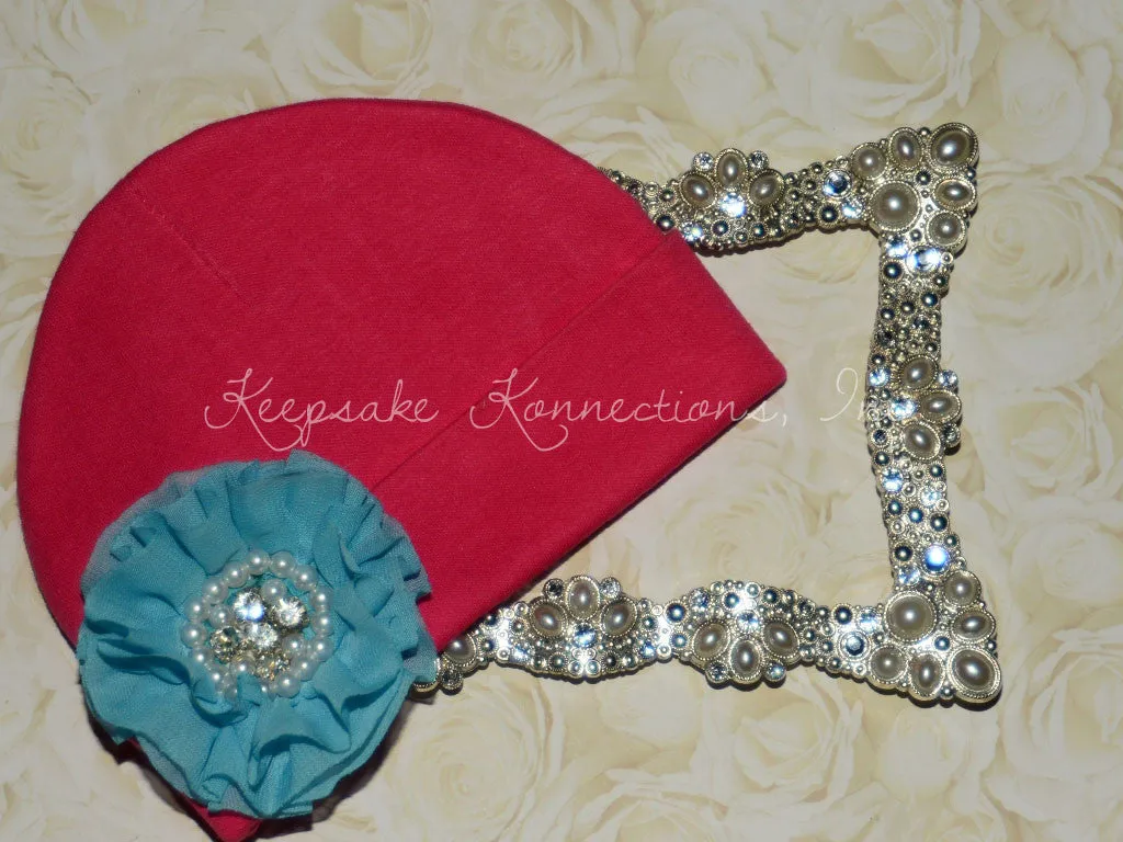 Hot Pink Beanie with Rhinestone Chiffon Flower