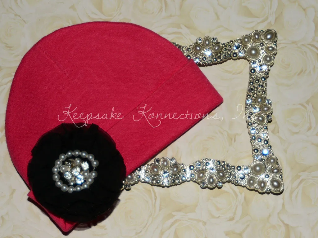 Hot Pink Beanie with Rhinestone Chiffon Flower