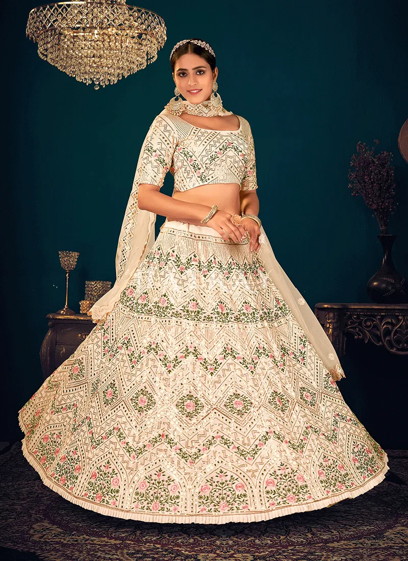 Ivory Mirrorwork Embroidered Wedding Lehenga Choli