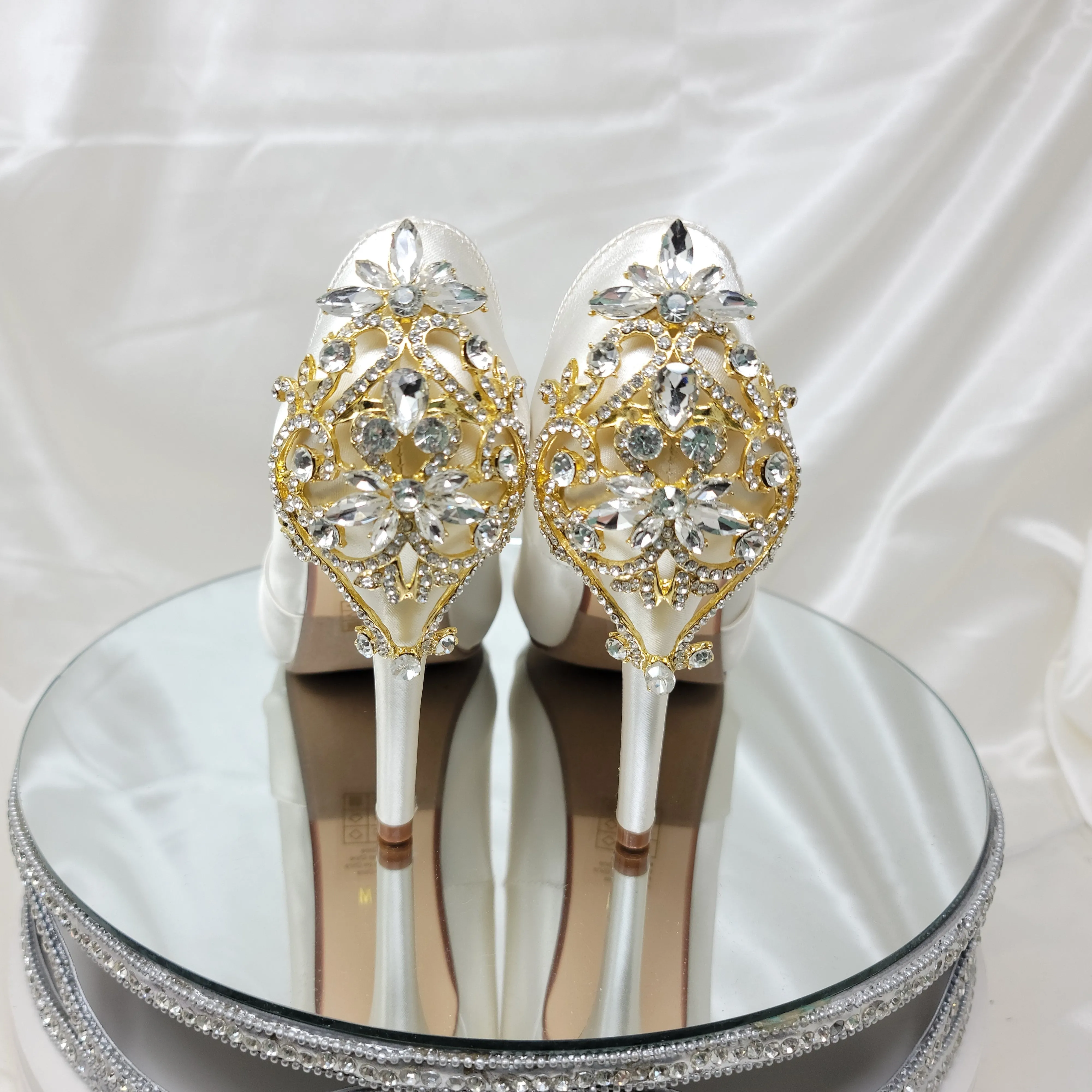 Ivory Wedding Shoes with Gold Crystal Heel Design