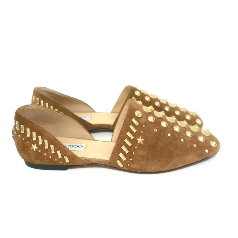 Jimmy Choo Globe d'Orsay Flats Brown Punk Studded Suede Size 37