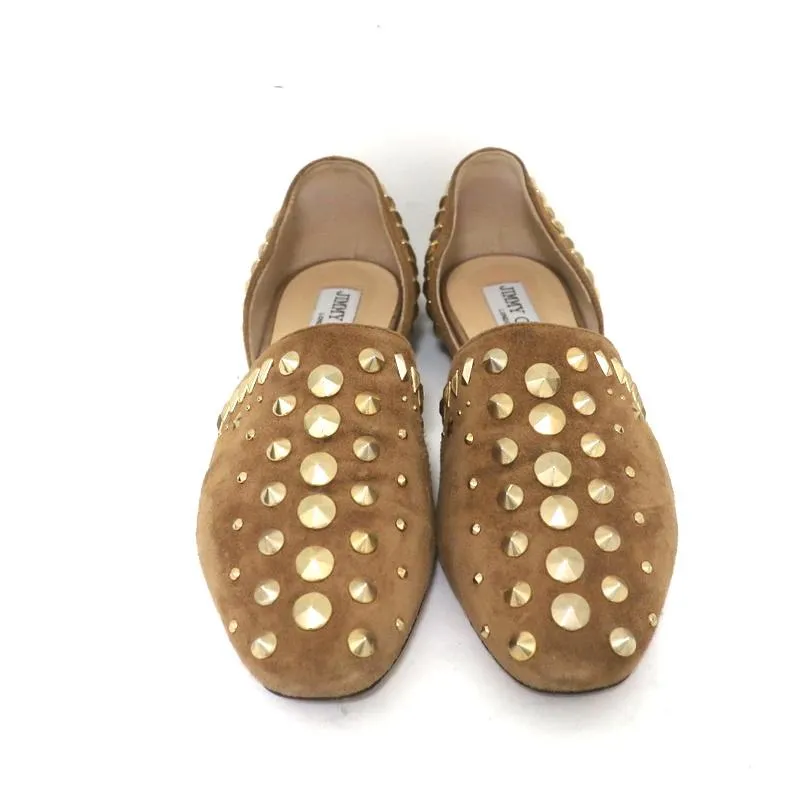 Jimmy Choo Globe d'Orsay Flats Brown Punk Studded Suede Size 37