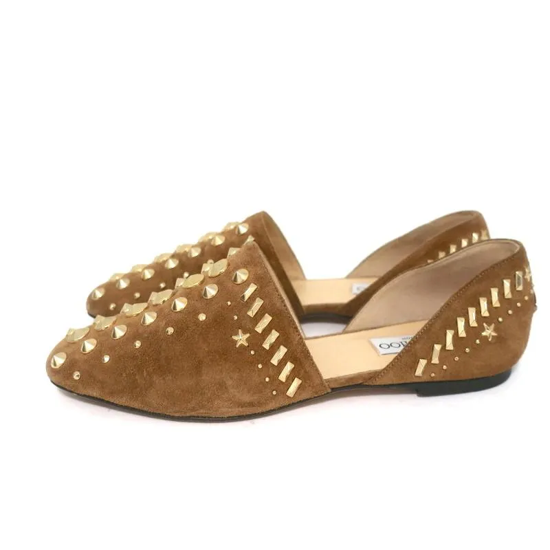 Jimmy Choo Globe d'Orsay Flats Brown Punk Studded Suede Size 37