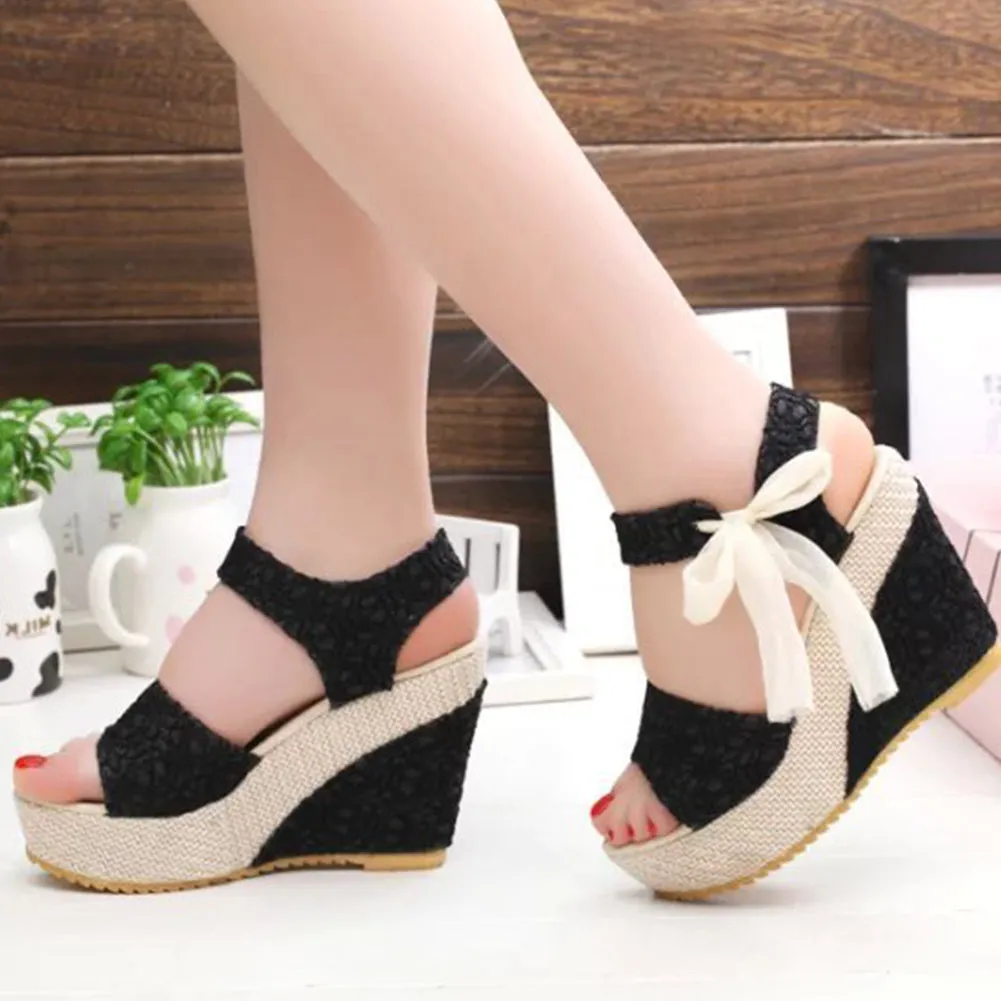 Lace Leisure Wedges Heeled Shoes Summer Sandals Party Platform High Heels Shoes