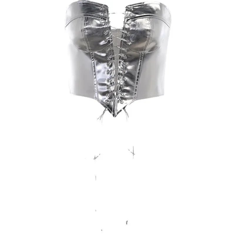 Lace Me Up Metallic Lace-Up Strapless Corset Top