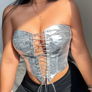 Lace Me Up Metallic Lace-Up Strapless Corset Top
