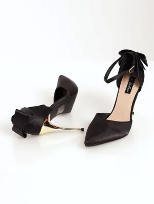 Ladies D'Orsay Back Bow Pointed Court On Metal Stile Heel - Black