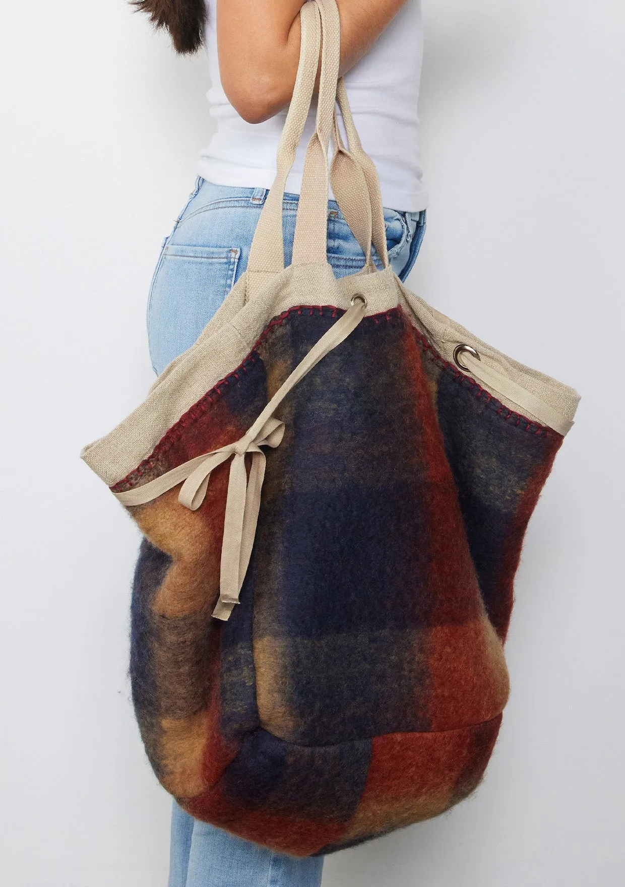 Large Reversible Navy Plaid Shopper Tote Bag