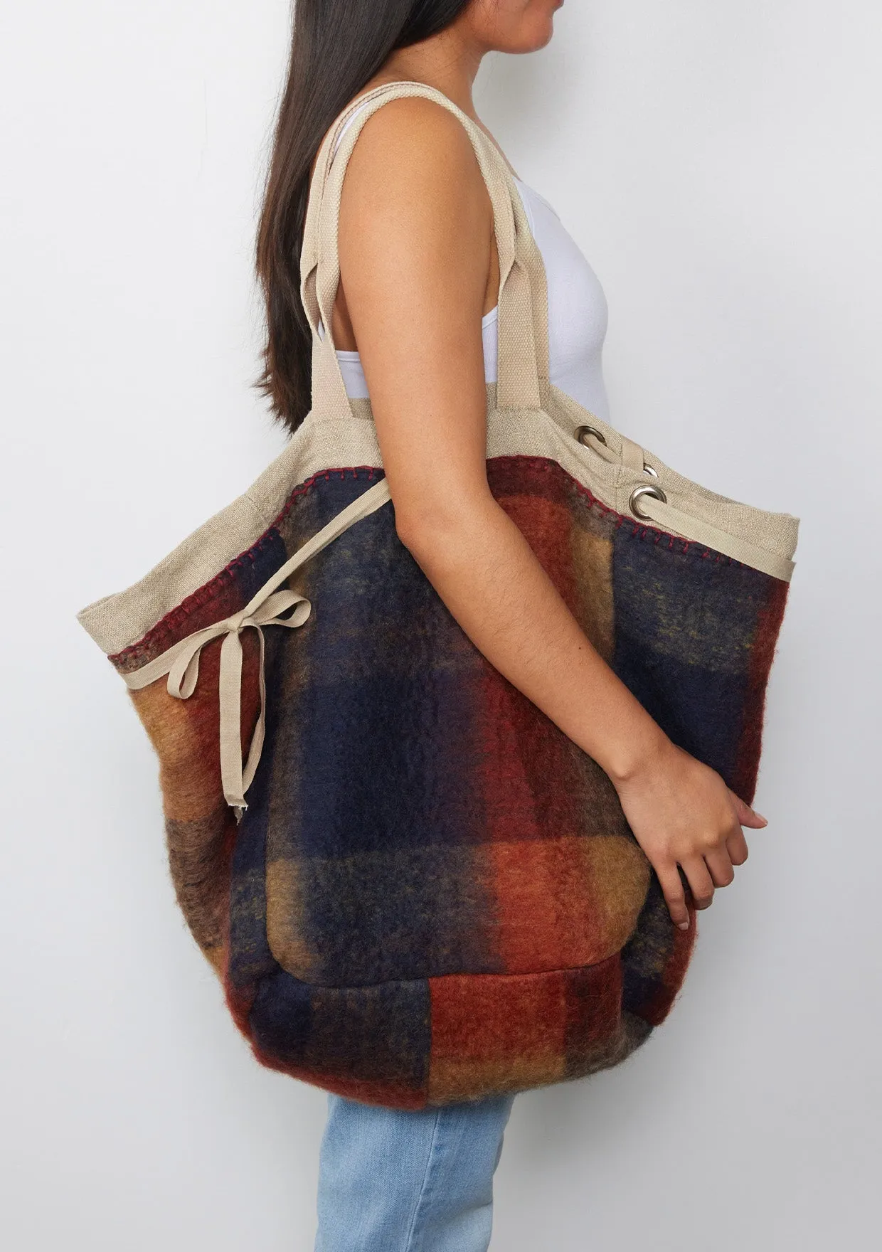 Large Reversible Navy Plaid Shopper Tote Bag