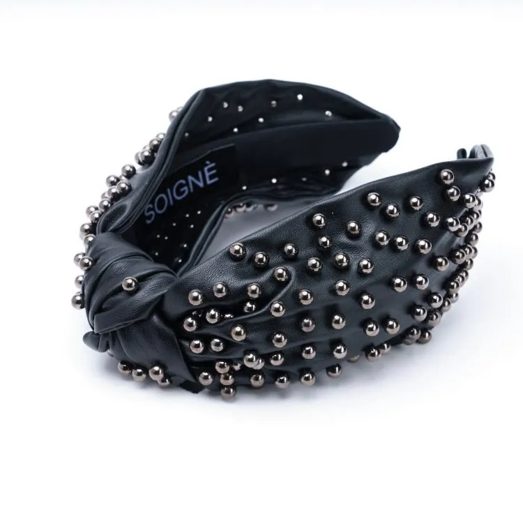 Leather Pearl Embellished Knotted Headband