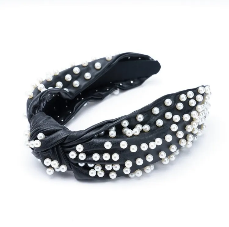 Leather Pearl Embellished Knotted Headband
