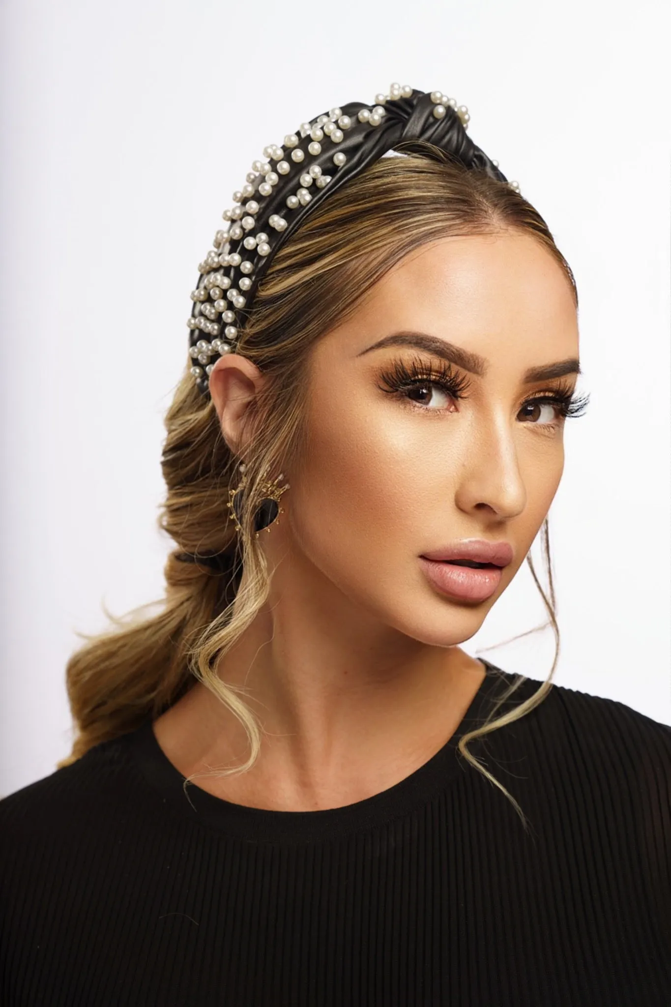 Leather Pearl Embellished Knotted Headband