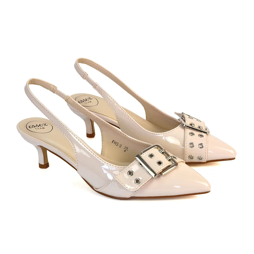 Lexi Buckle Pointed Toe Slingback Low Kitten Heels in Gold Metallic