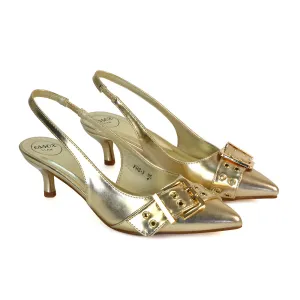 Lexi Buckle Pointed Toe Slingback Low Kitten Heels in Gold Metallic