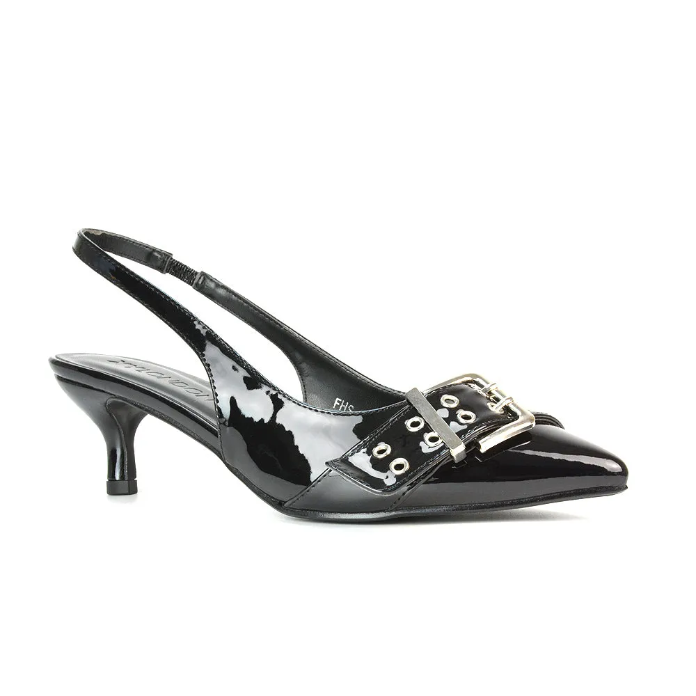 Lexi Buckle Pointed Toe Slingback Low Kitten Heels in Gold Metallic