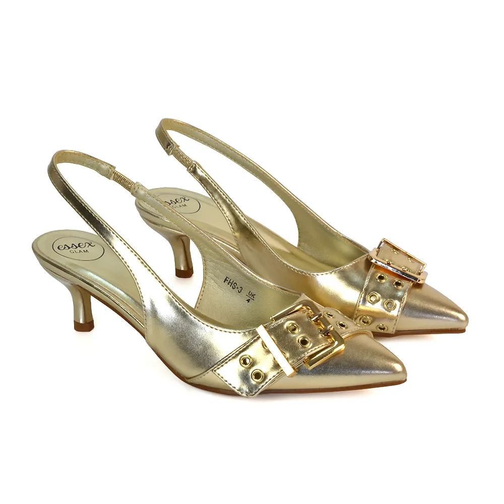 Lexi Buckle Pointed Toe Slingback Low Kitten Heels in Gold Metallic