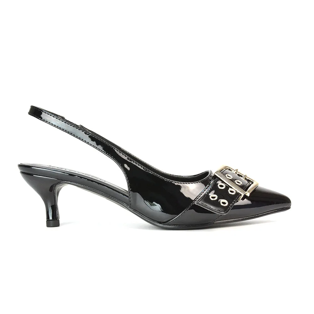 Lexi Buckle Pointed Toe Slingback Low Kitten Heels in Gold Metallic