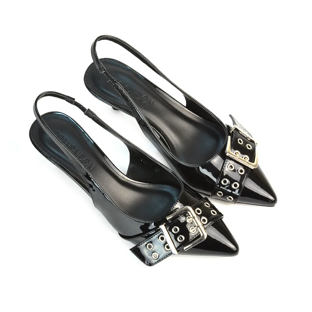 Lexi Buckle Pointed Toe Slingback Low Kitten Heels in Gold Metallic