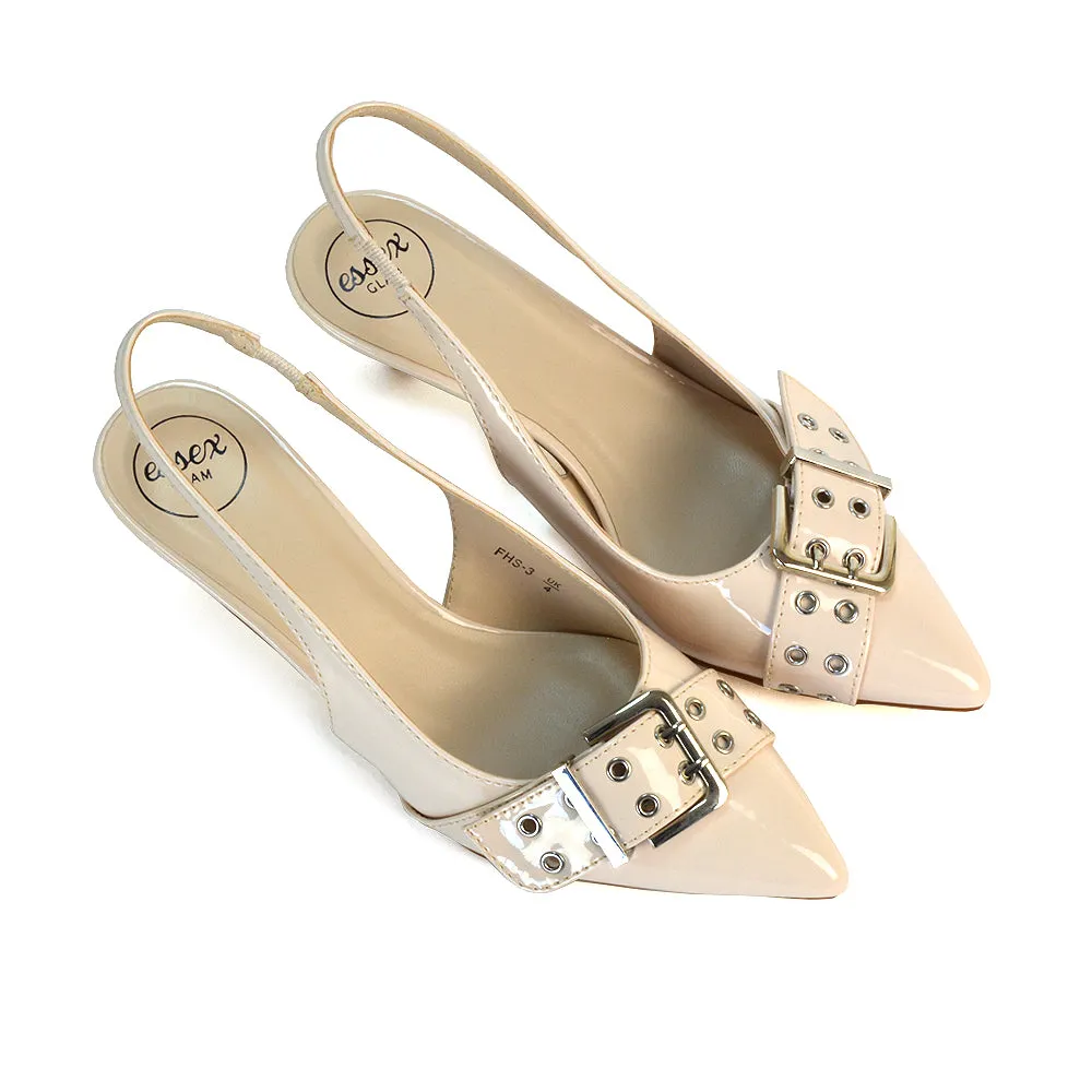 Lexi Buckle Pointed Toe Slingback Low Kitten Heels in Gold Metallic