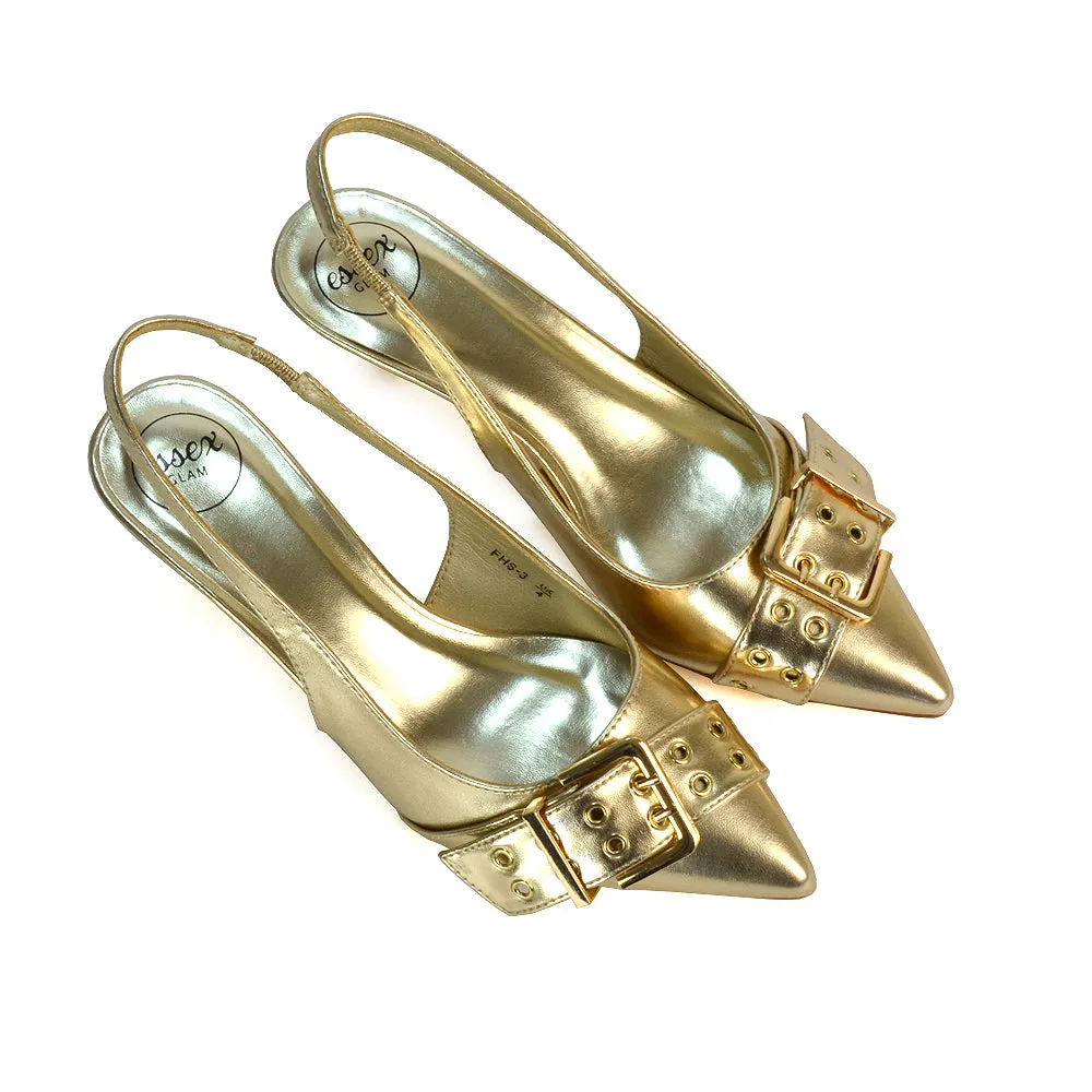 Lexi Buckle Pointed Toe Slingback Low Kitten Heels in Gold Metallic