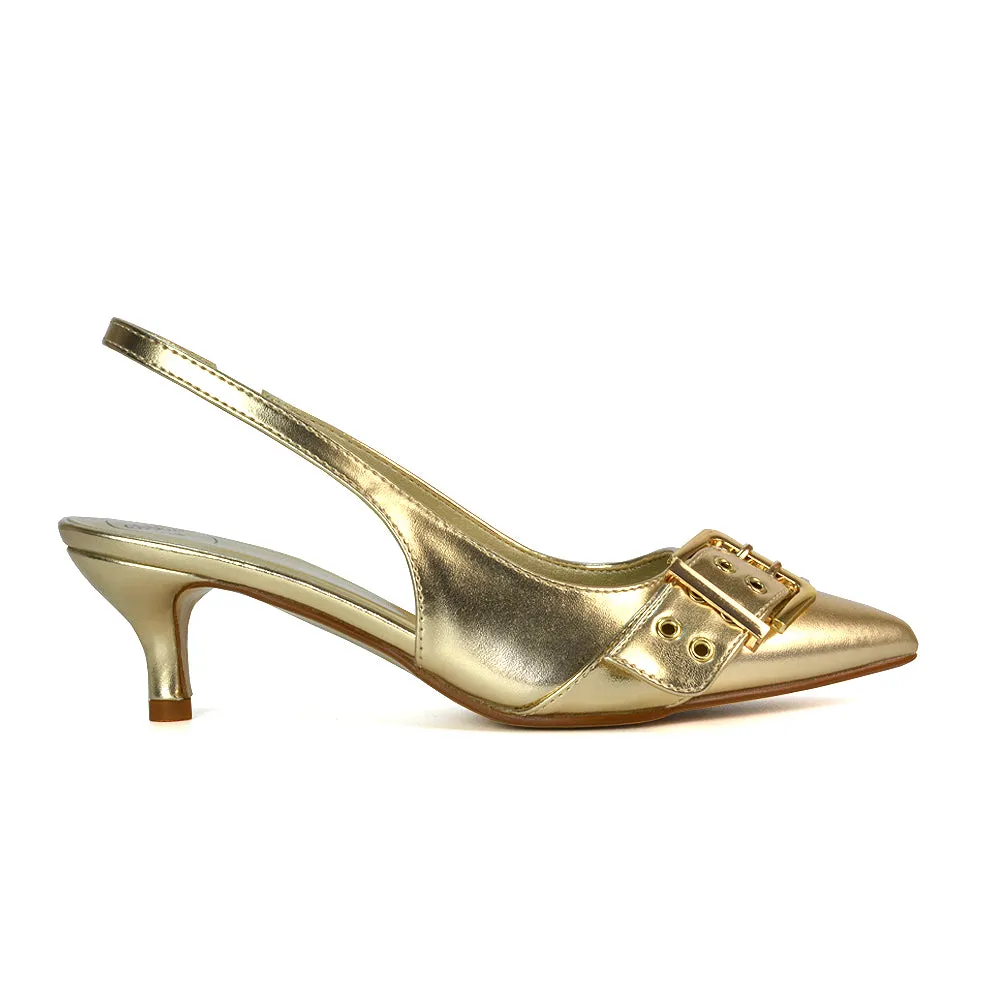 Lexi Buckle Pointed Toe Slingback Low Kitten Heels in Gold Metallic
