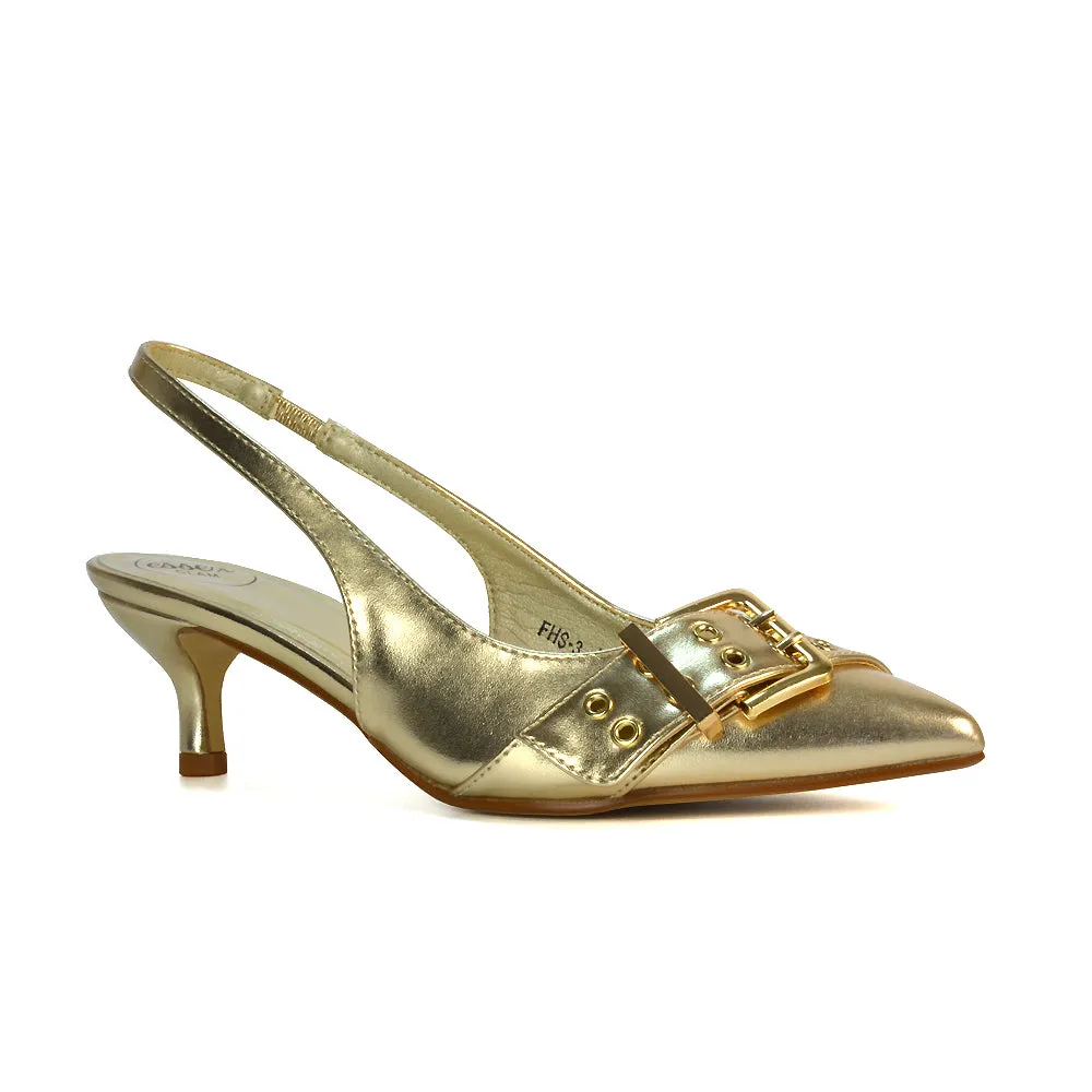 Lexi Buckle Pointed Toe Slingback Low Kitten Heels in Gold Metallic
