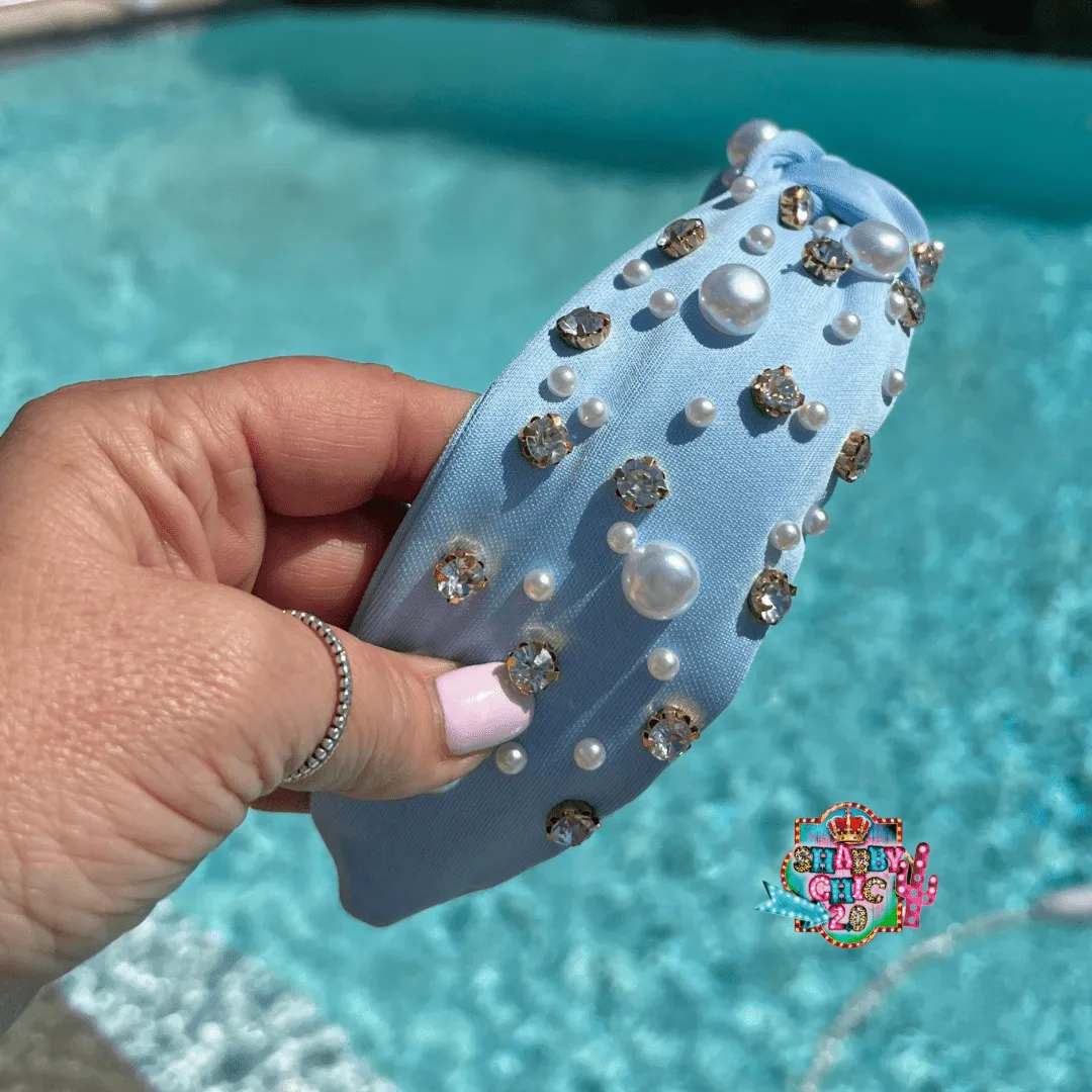 Light Blue Headband with Pearls and Stones