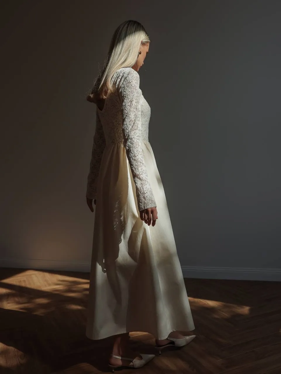 Long-Sleeve Lace Bodice Maxi Dress