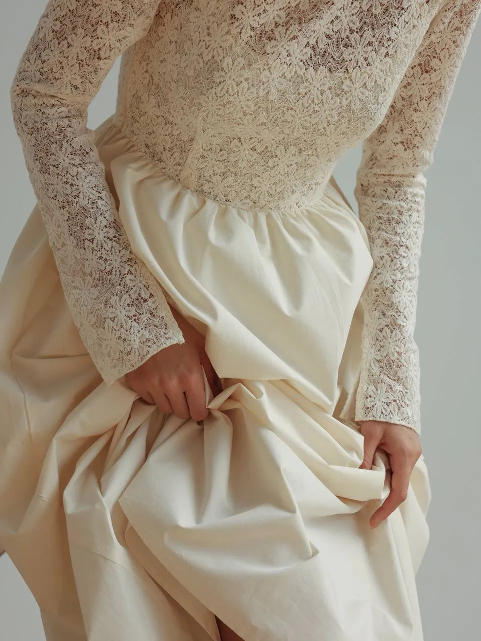 Long-Sleeve Lace Bodice Maxi Dress