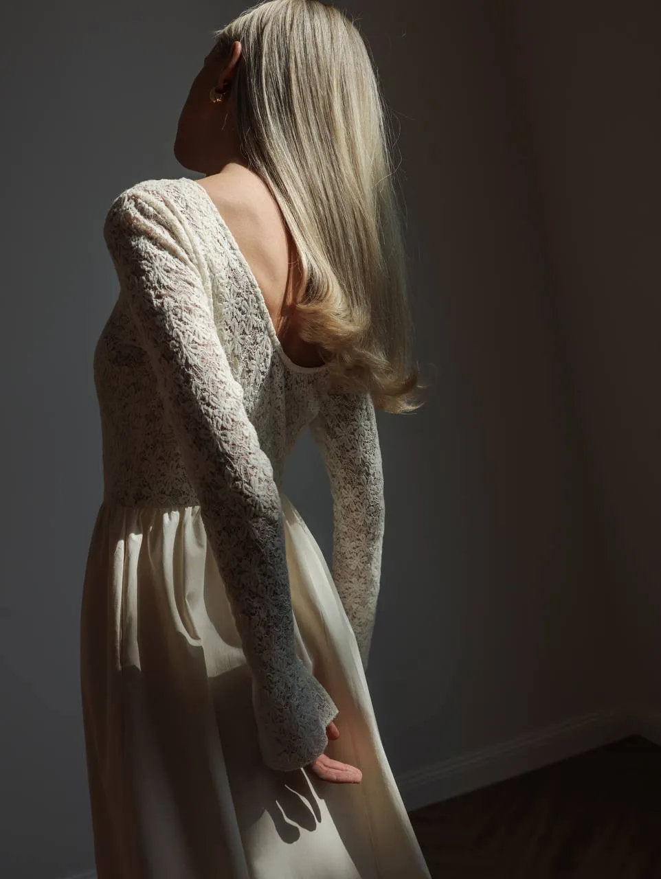 Long-Sleeve Lace Bodice Maxi Dress
