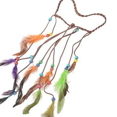 M MISM Feather Headband Women Peacock Rope Boho Hair Accessories Handmade Ethnic Plume Drop Beads Hair Band