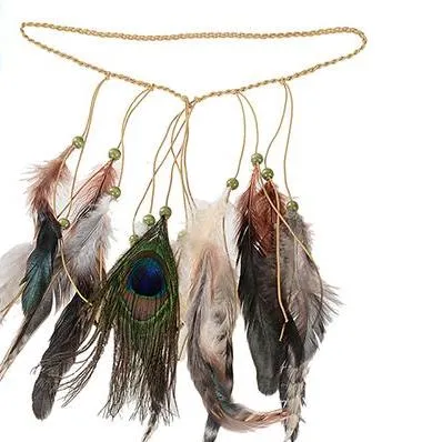 M MISM Feather Headband Women Peacock Rope Boho Hair Accessories Handmade Ethnic Plume Drop Beads Hair Band