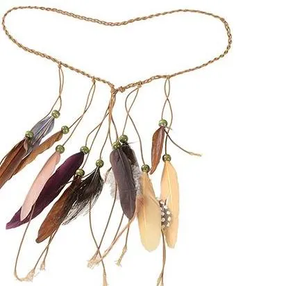 M MISM Feather Headband Women Peacock Rope Boho Hair Accessories Handmade Ethnic Plume Drop Beads Hair Band