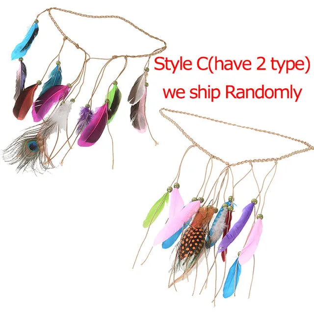M MISM Feather Headband Women Peacock Rope Boho Hair Accessories Handmade Ethnic Plume Drop Beads Hair Band