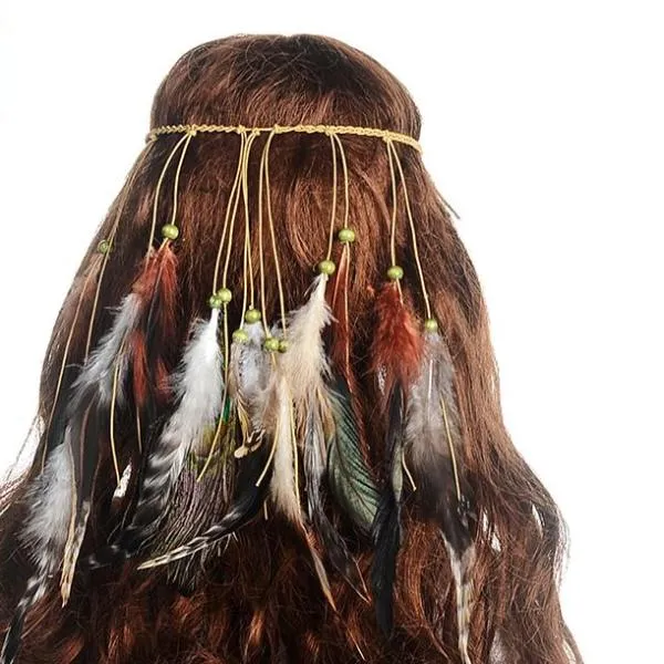 M MISM Feather Headband Women Peacock Rope Boho Hair Accessories Handmade Ethnic Plume Drop Beads Hair Band