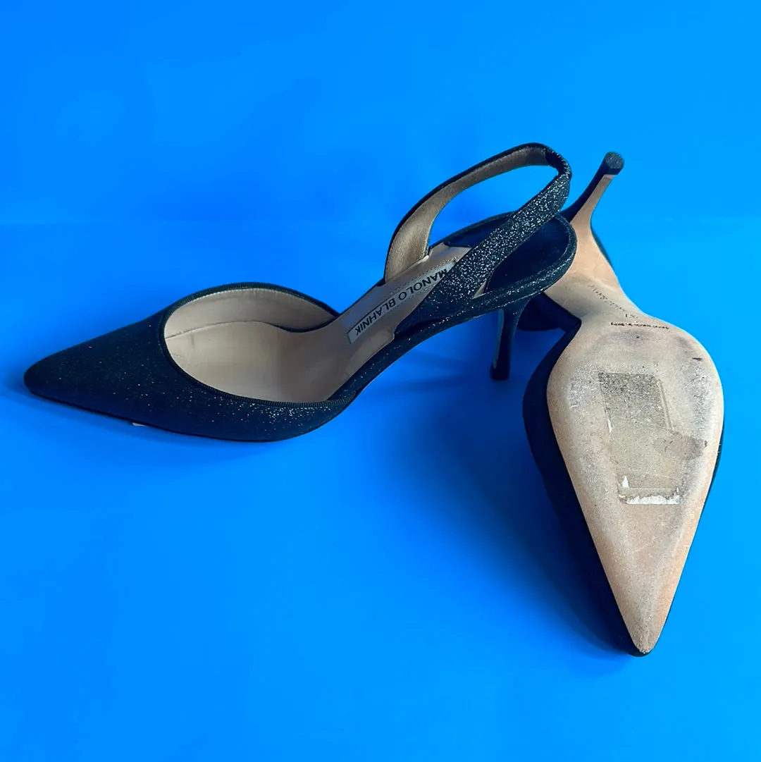 Manolo Blahnik 'CAROLYNE 70' Black Glitter Slingback