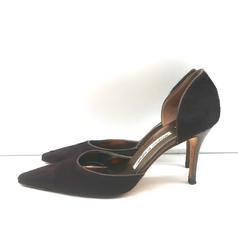 Manolo Blahnik D'Orsay Pumps Dark Brown Calf Hair Size 37 Pointed Toe Heels